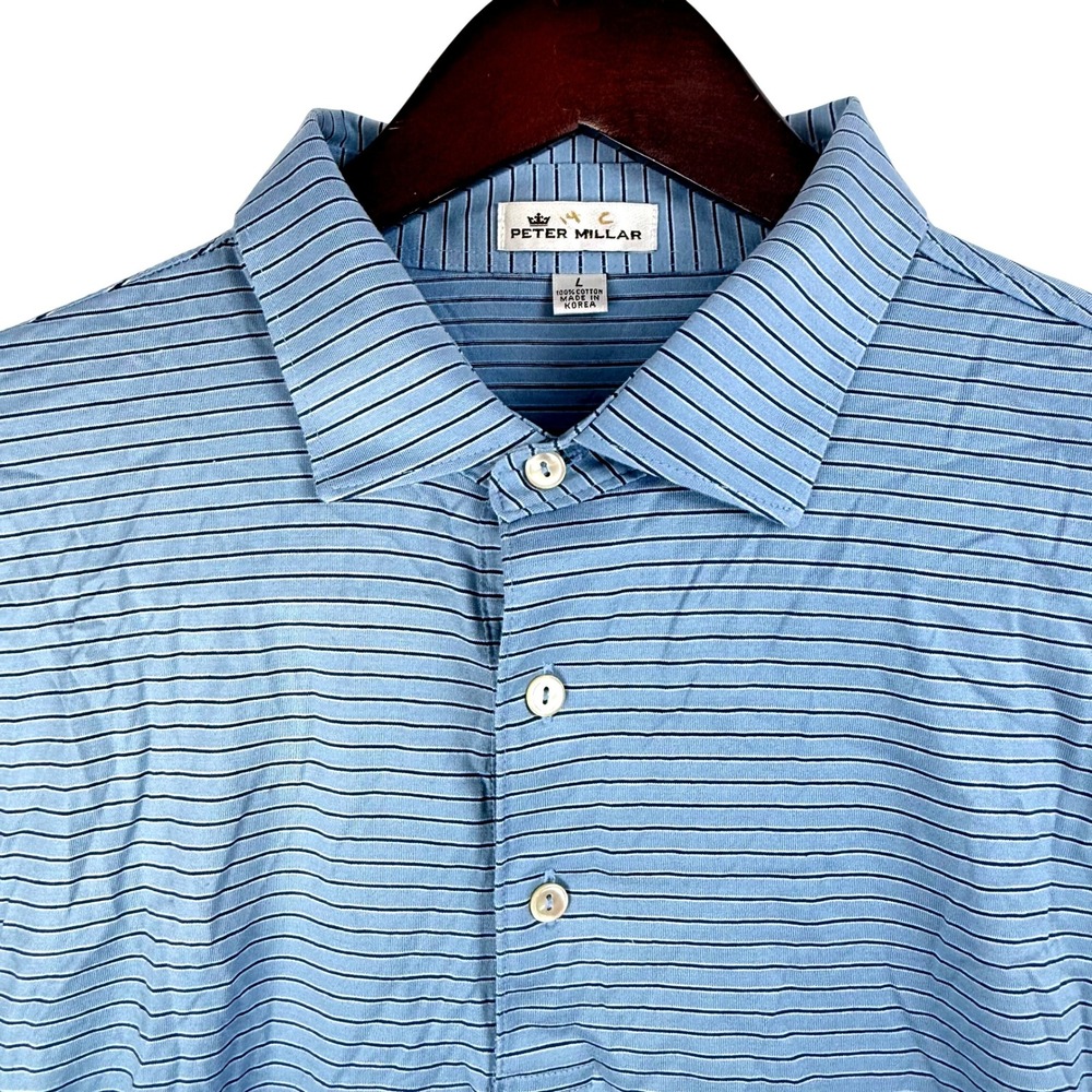 Peter Millar Mens Large Blue Striped Short Sleeve Polo Shirt Cotton‎ Golf Casual